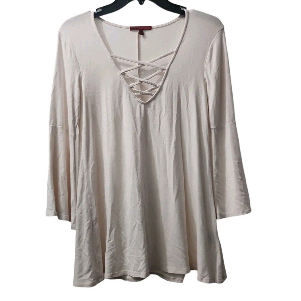 BKEred Tunic Top Criss Cross V Neck Bell Sleeve Casual Beige Small